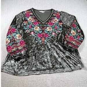 Savanna Jane Women 1X Green Velour Embroidered Boho Chick Long Sleeve Shirt